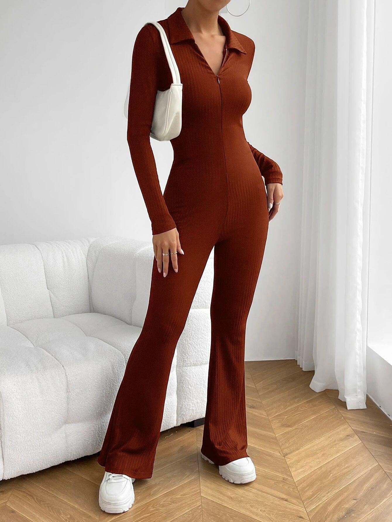 Zipper Flare Leg Jumpsuit-Comfy Jumpsuits