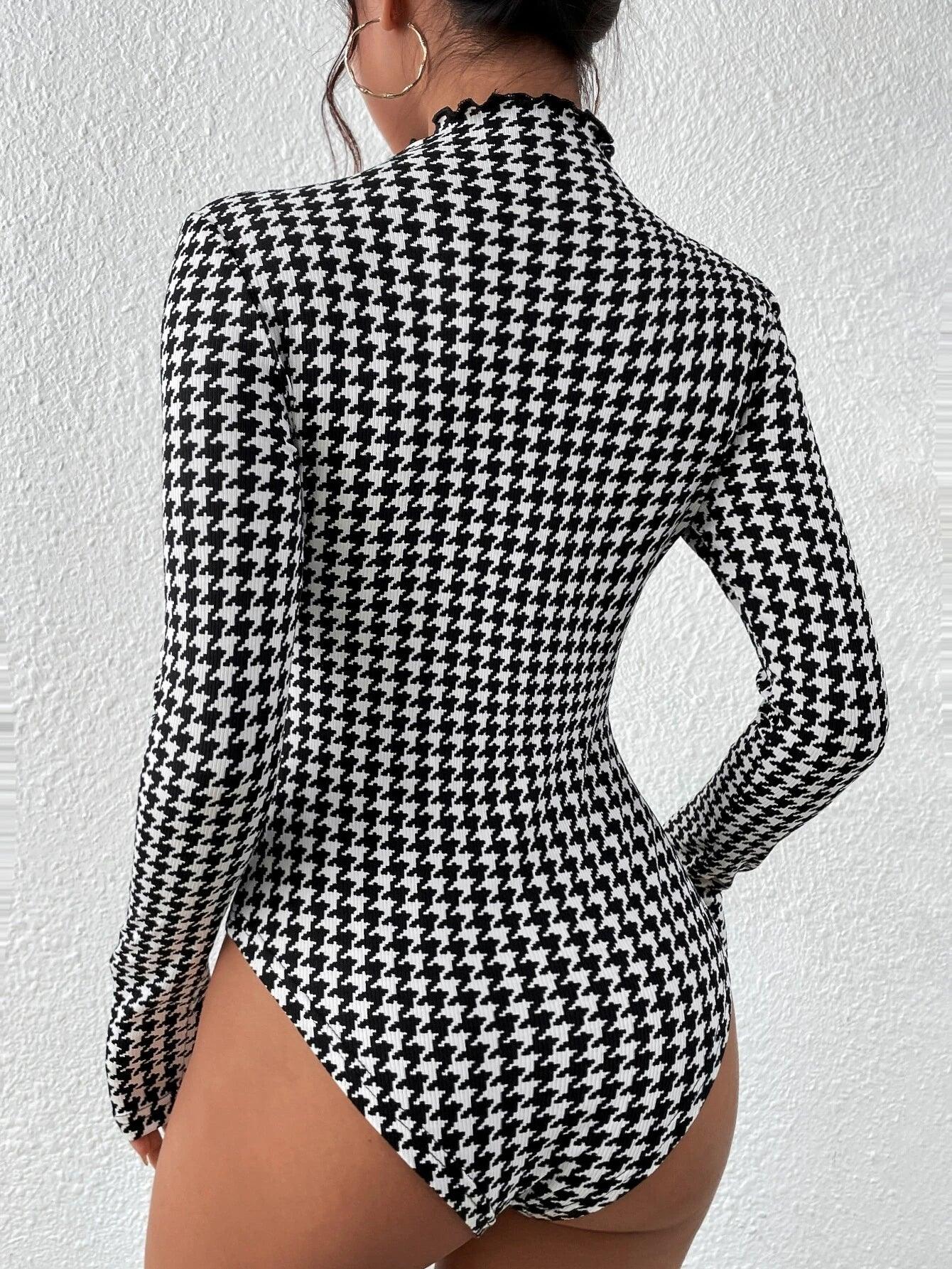 Houndstooth Print Front Mock Neck Bodysuit-Comfy Jumpsuits