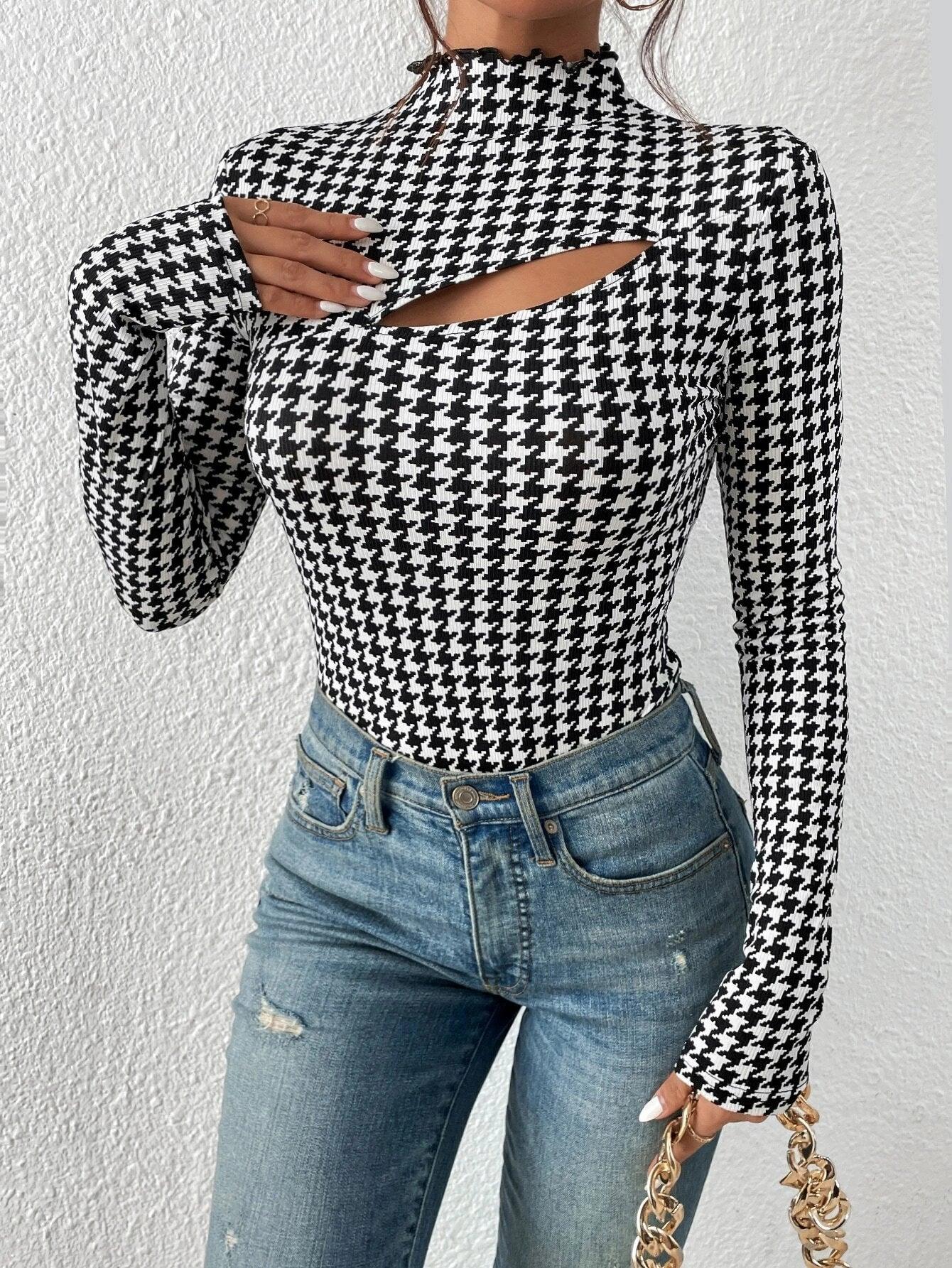 Houndstooth Print Front Mock Neck Bodysuit-Comfy Jumpsuits