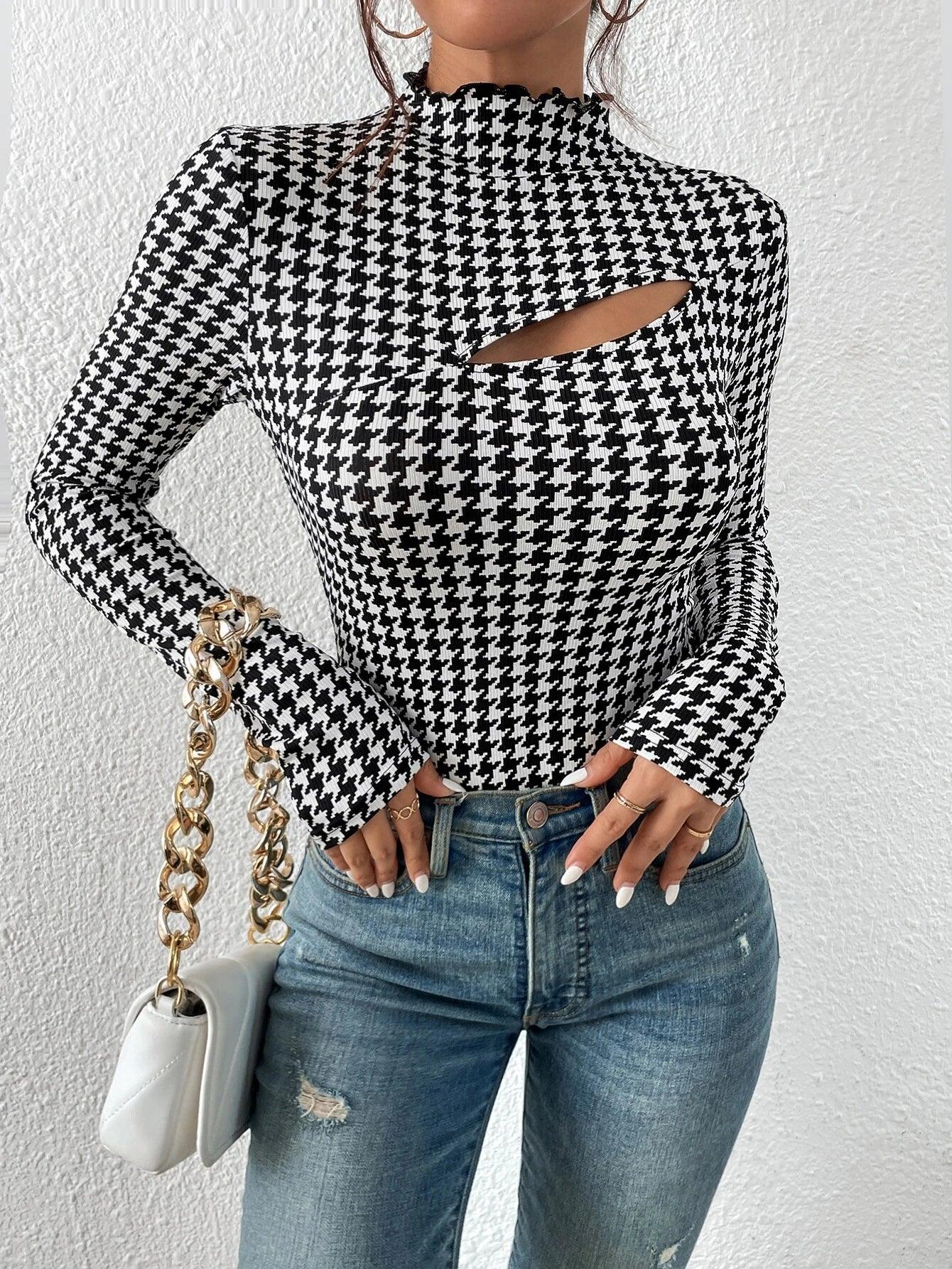 Houndstooth Print Front Mock Neck Bodysuit-Comfy Jumpsuits