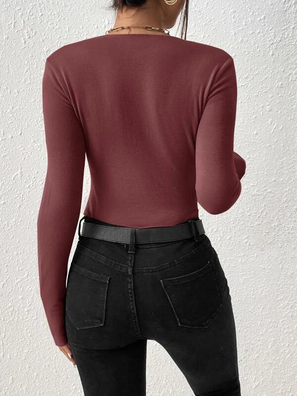 Scoop Neck Seam Detail Rib Knit High Waist Bodysuit-Comfy Jumpsuits