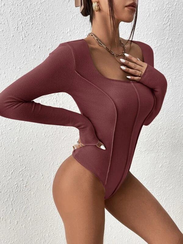 Scoop Neck Seam Detail Rib Knit High Waist Bodysuit-Comfy Jumpsuits