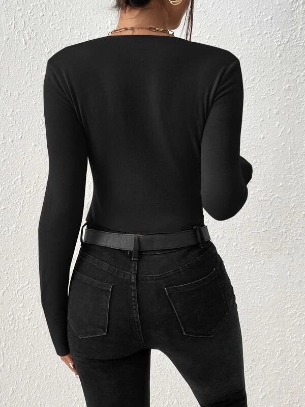 Scoop Neck Seam Detail Rib Knit High Waist Bodysuit-Comfy Jumpsuits