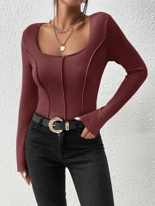 Scoop Neck Seam Detail Rib Knit High Waist Bodysuit-Comfy Jumpsuits