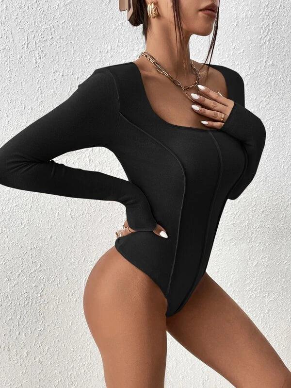 Scoop Neck Seam Detail Rib Knit High Waist Bodysuit-Comfy Jumpsuits
