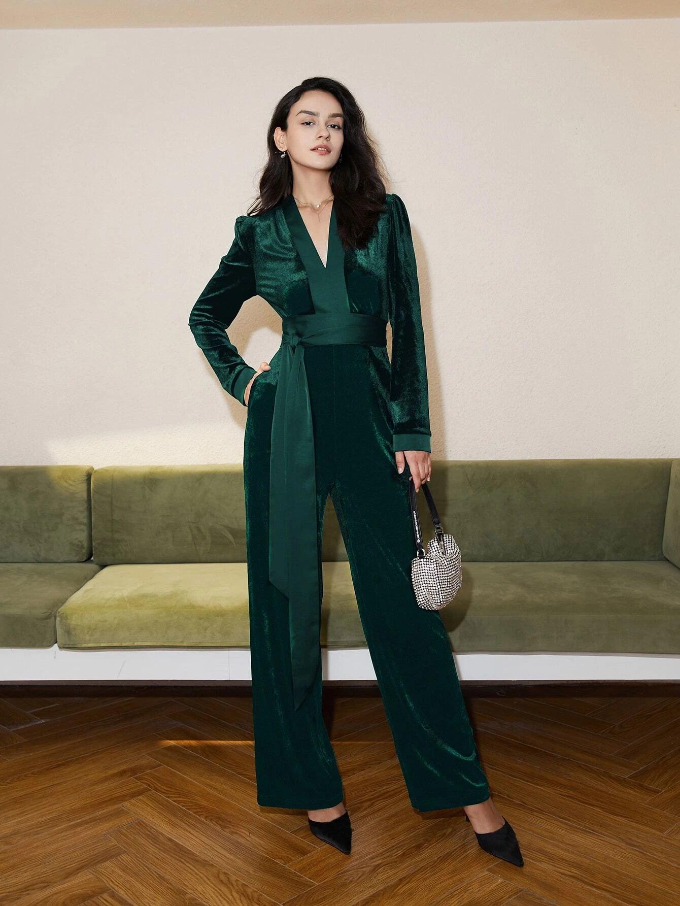 V Neck Belted Velvet Jumpsuit-Comfy Jumpsuits