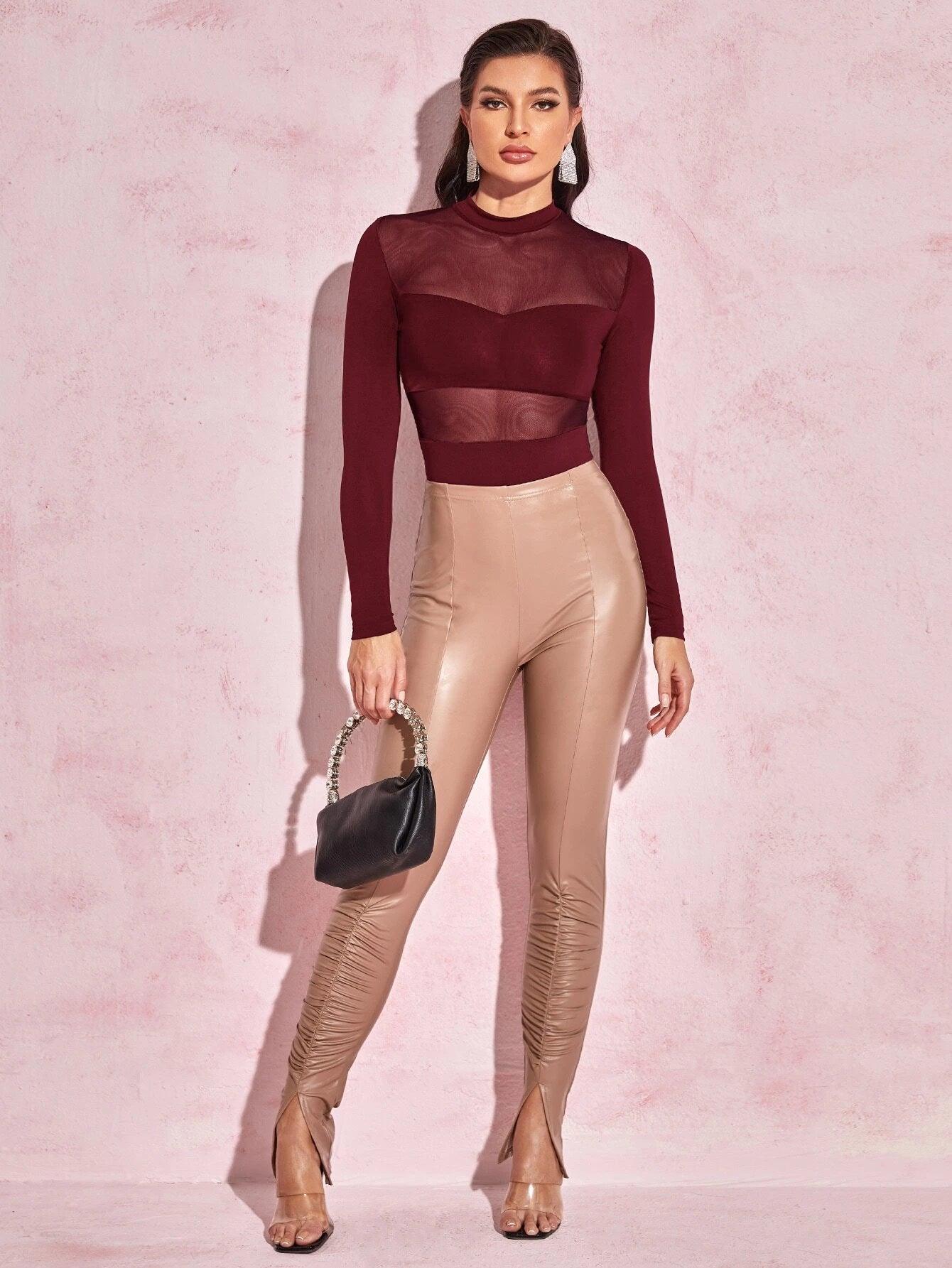 Plain Slim Fit Mesh Bodysuit-Comfy Jumpsuits