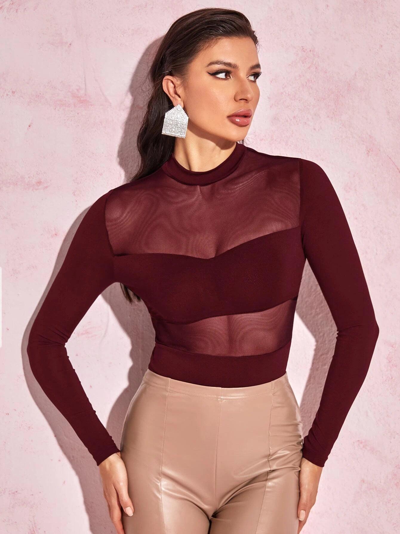 Plain Slim Fit Mesh Bodysuit-Comfy Jumpsuits