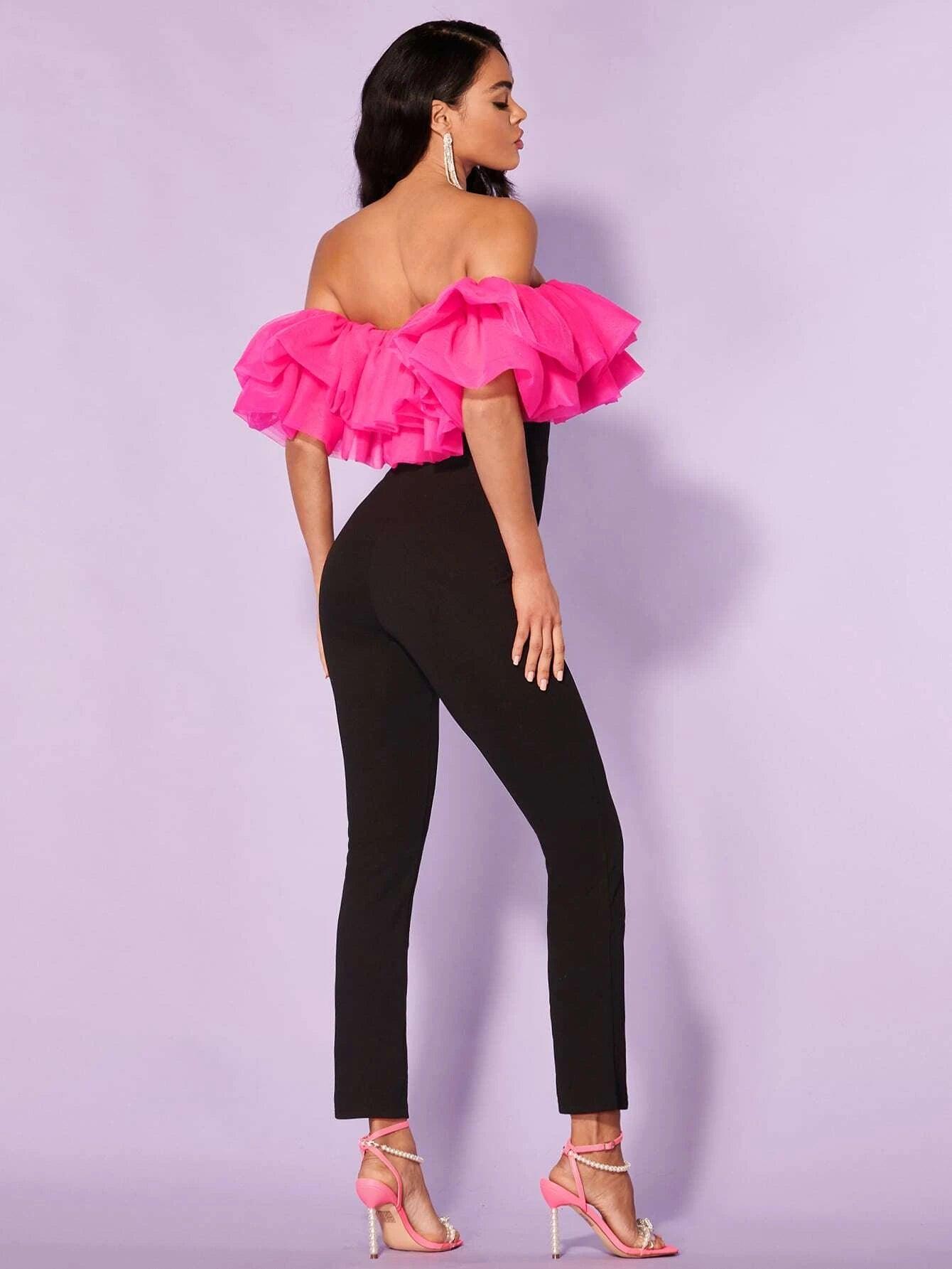 Off Shoulder Ruffle Trim Jumpsuit-Comfy Jumpsuits