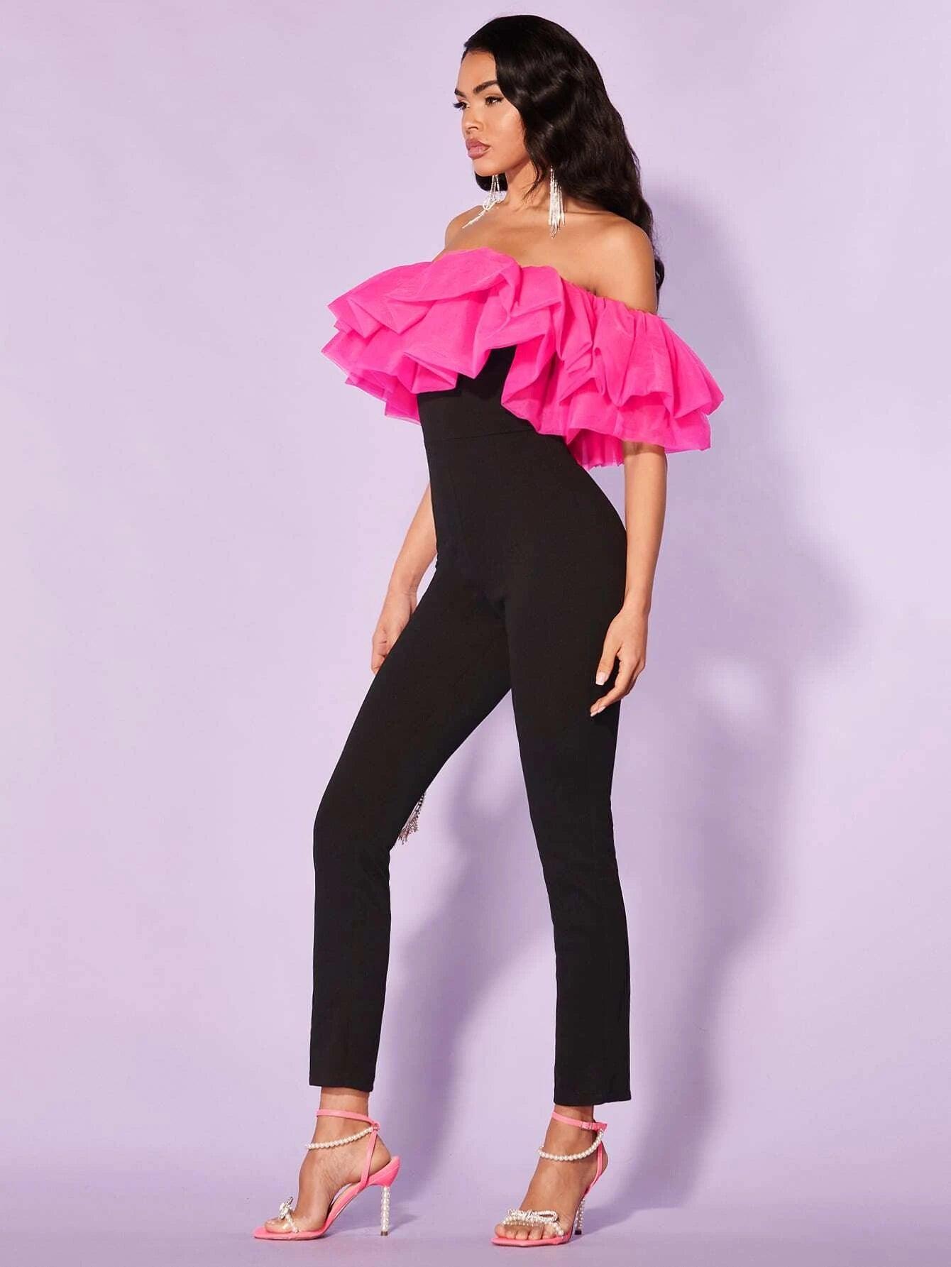 Off Shoulder Ruffle Trim Jumpsuit-Comfy Jumpsuits