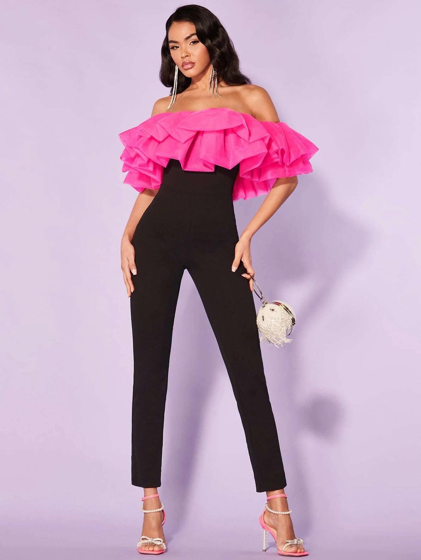 Off Shoulder Ruffle Trim Jumpsuit-Comfy Jumpsuits