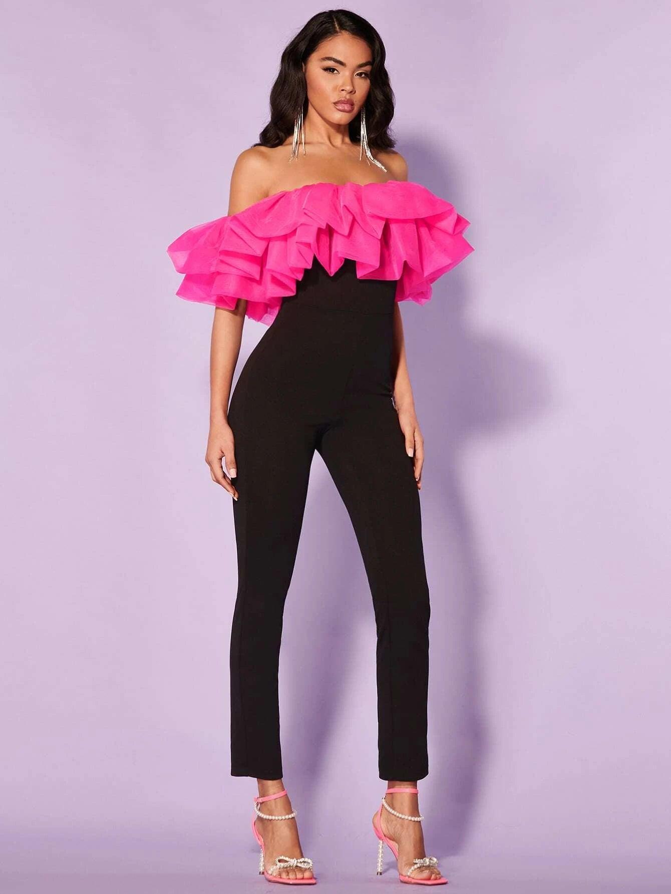 Off Shoulder Ruffle Trim Jumpsuit-Comfy Jumpsuits