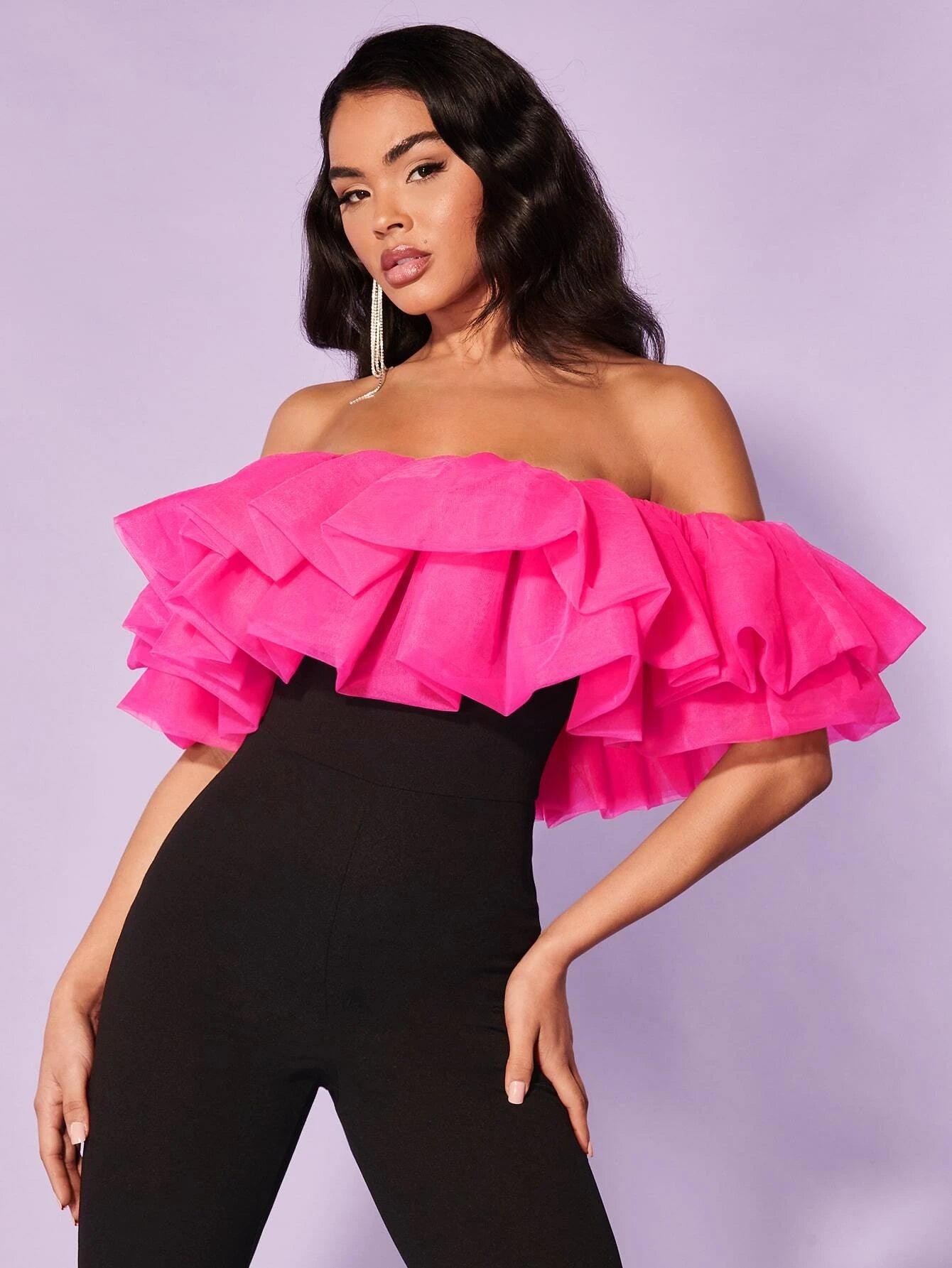 Off-Shoulder Exaggerated Ruffle Trim Jumpsuit-Comfy Jumpsuits