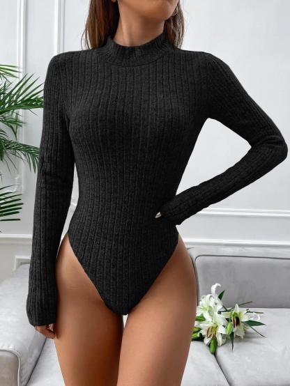 Mock Neck Rib-Knit Tee Bodysuit-Comfy Jumpsuits