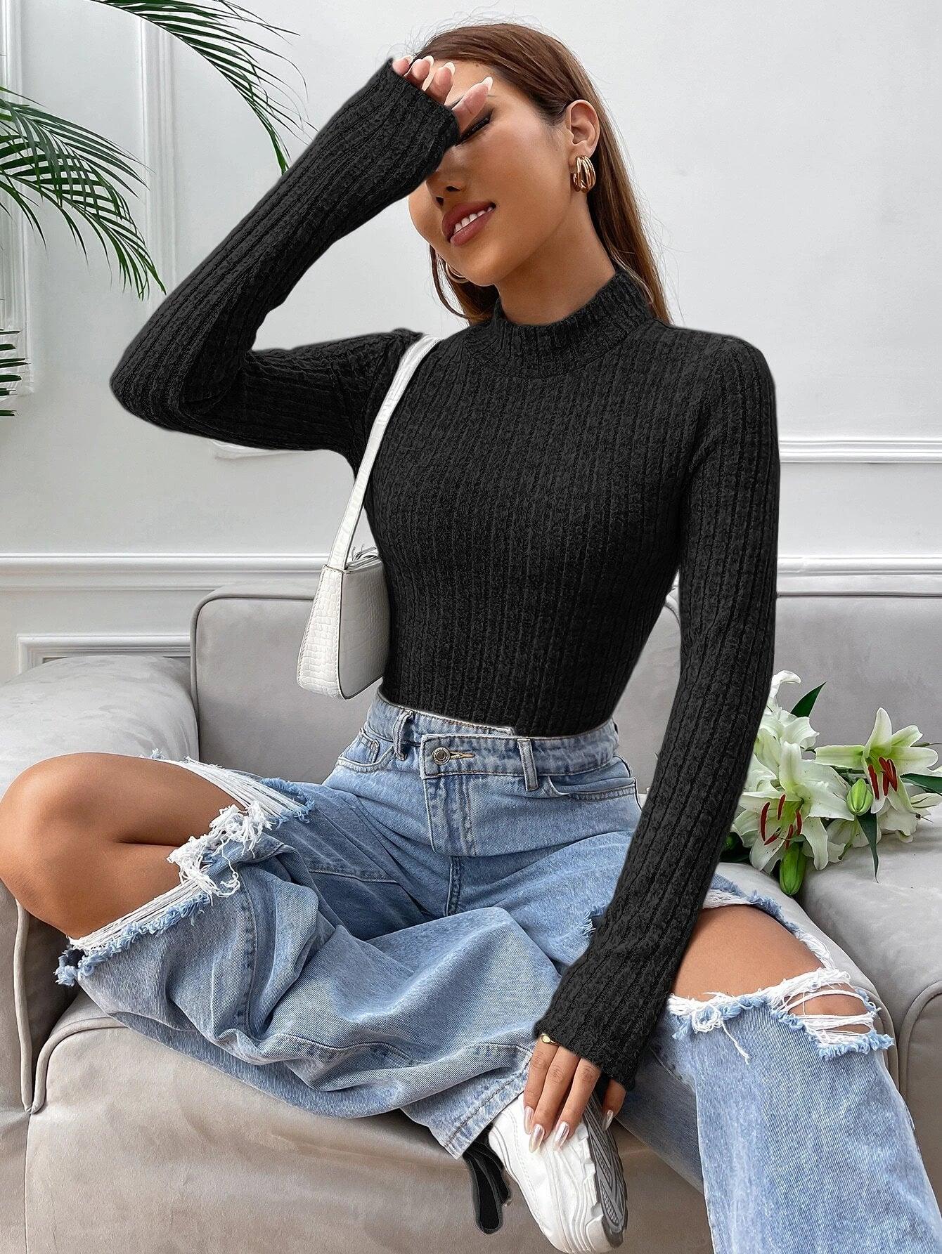 Mock Neck Rib Knit Bodysuit-Comfy Jumpsuits