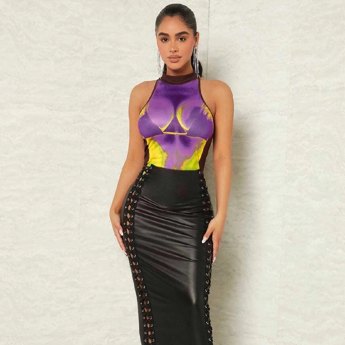 Heat Map Print Mock Neck Bodysuit-Comfy Jumpsuits