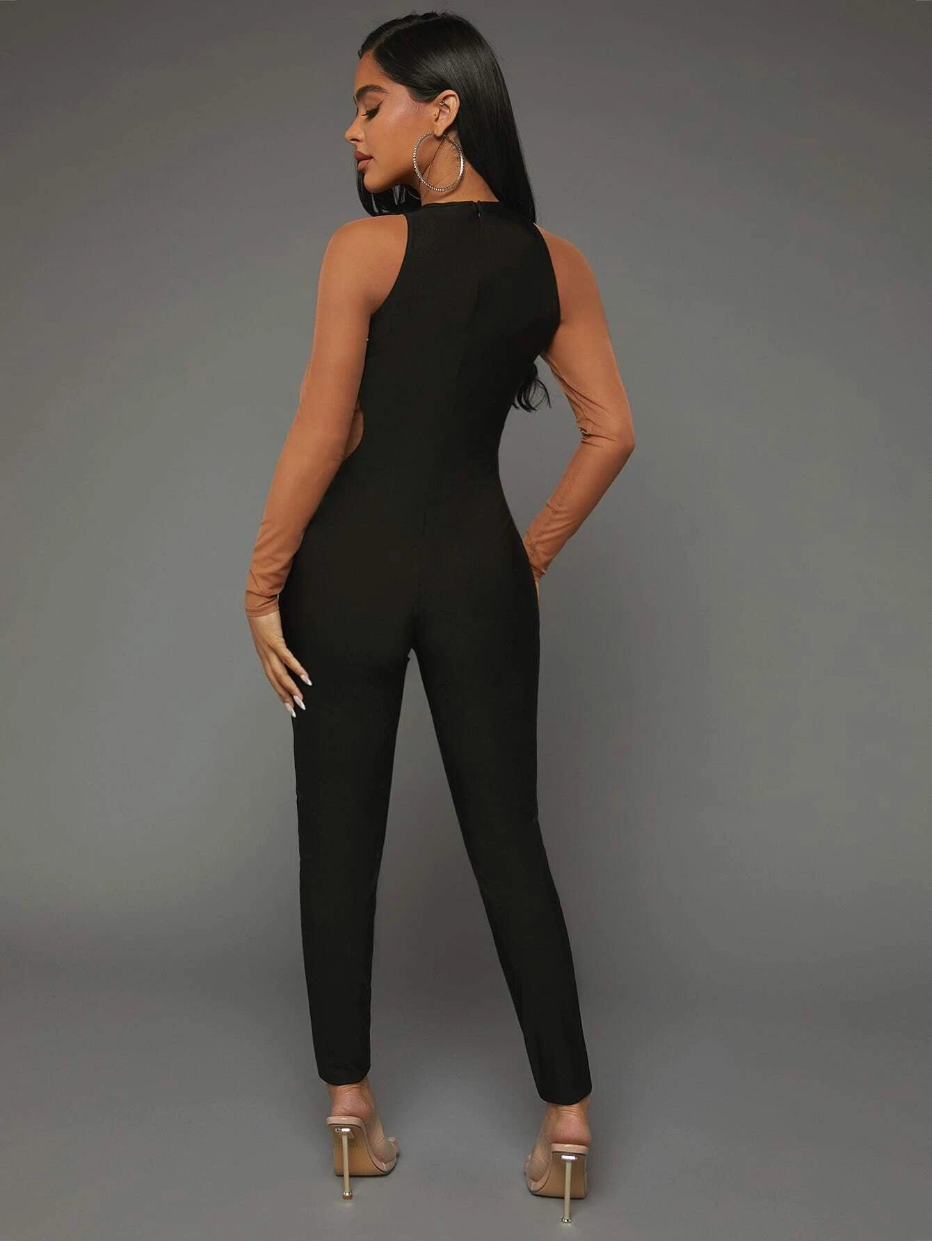 Two Tone Contrast Mesh Jumpsuit-Comfy Jumpsuits