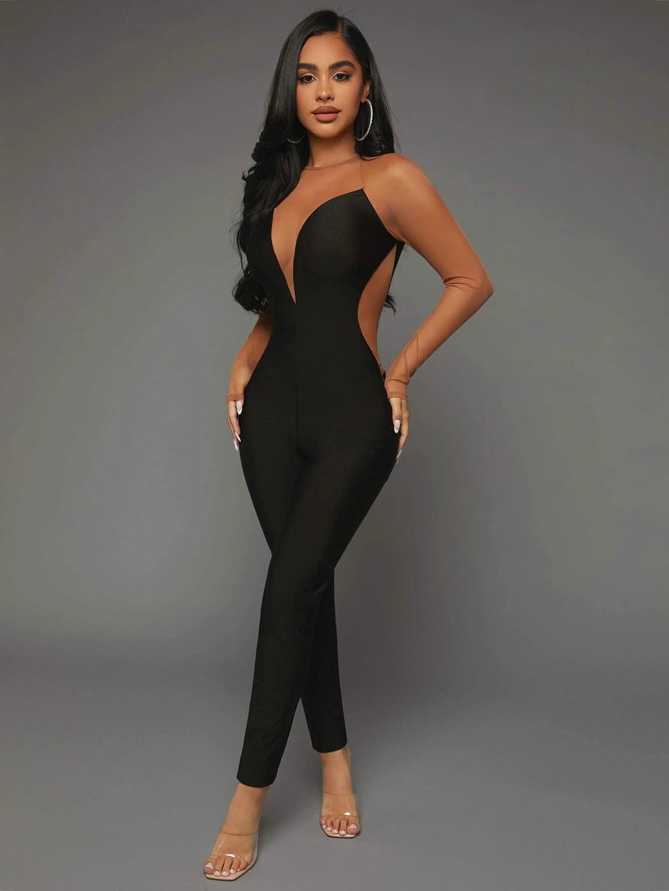 Two Tone Contrast Mesh Jumpsuit-Comfy Jumpsuits