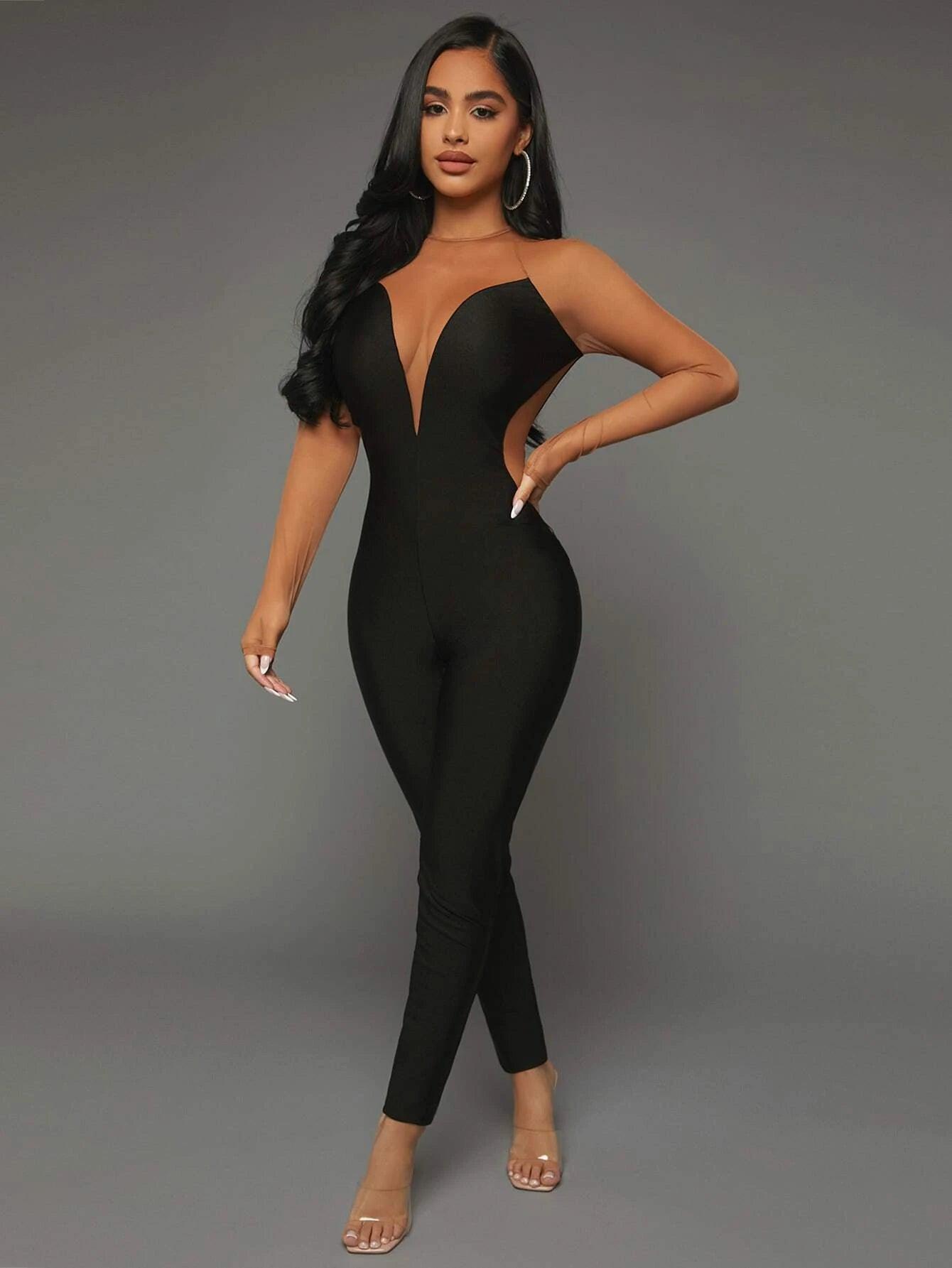 Two Tone Contrast Mesh Jumpsuit-Comfy Jumpsuits