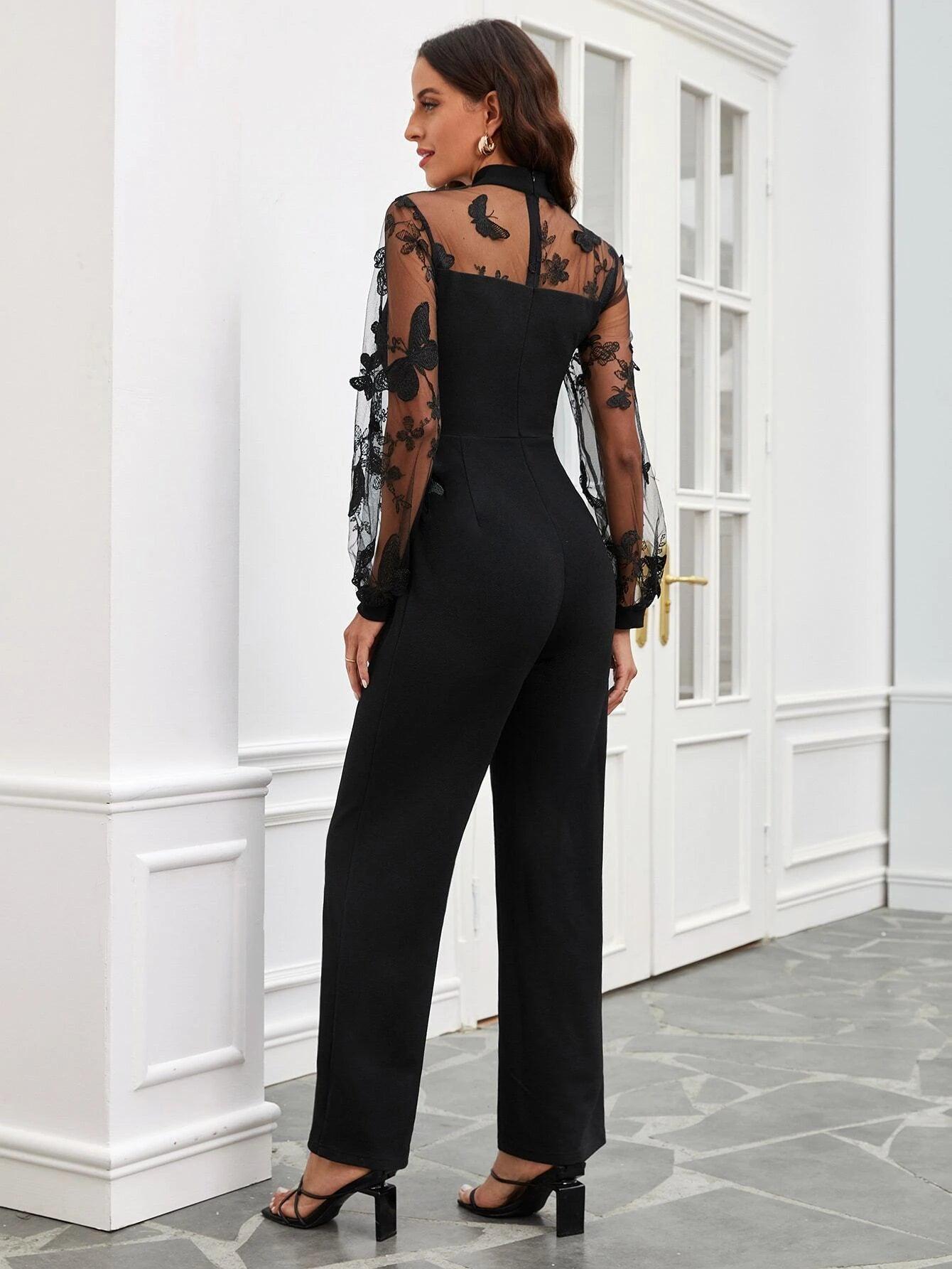 Contrast Mesh Tie Neck Bishop Sleeve Jumpsuit-Comfy Jumpsuits