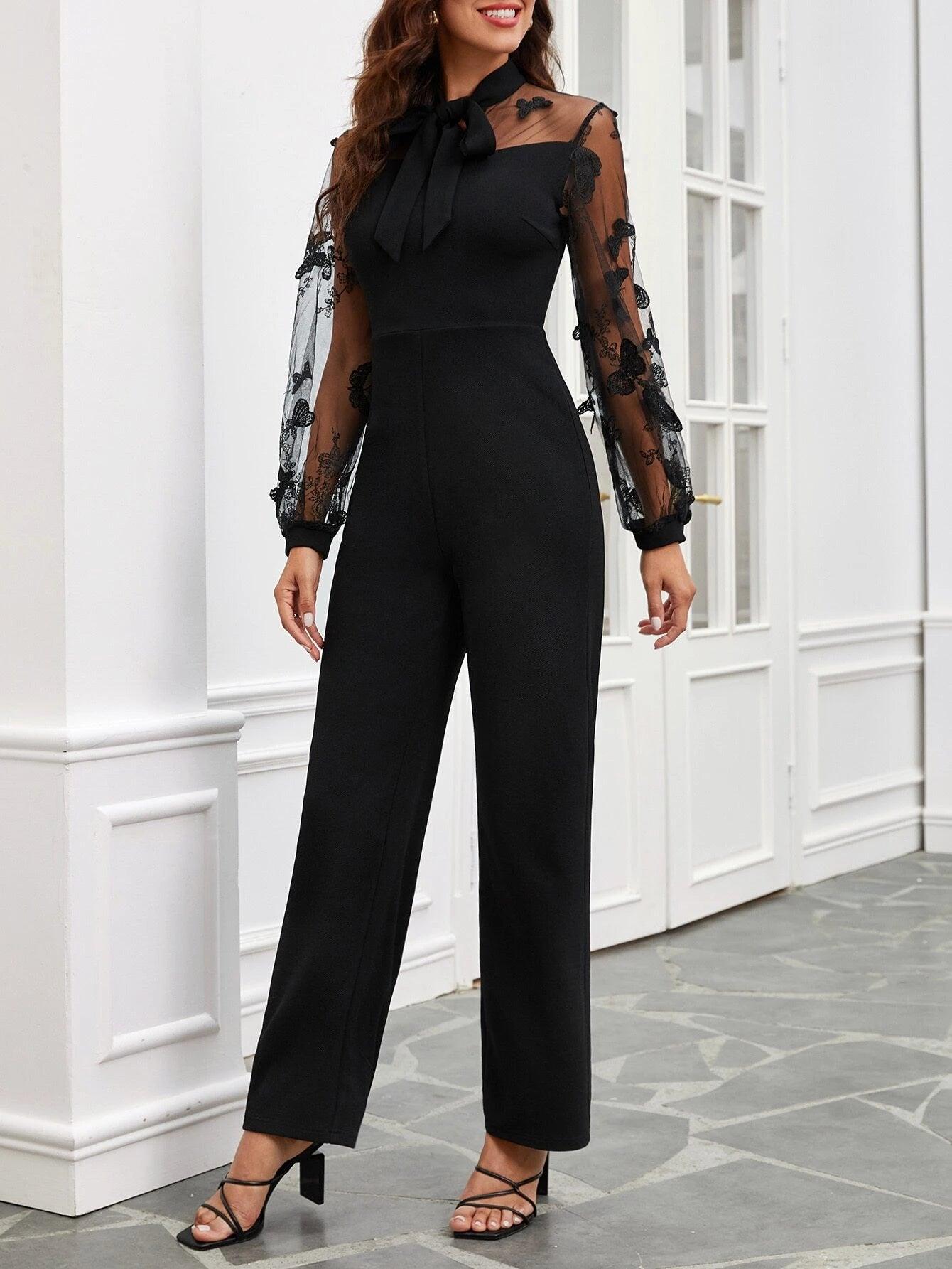 Contrast Mesh Tie Neck Bishop Sleeve Jumpsuit-Comfy Jumpsuits