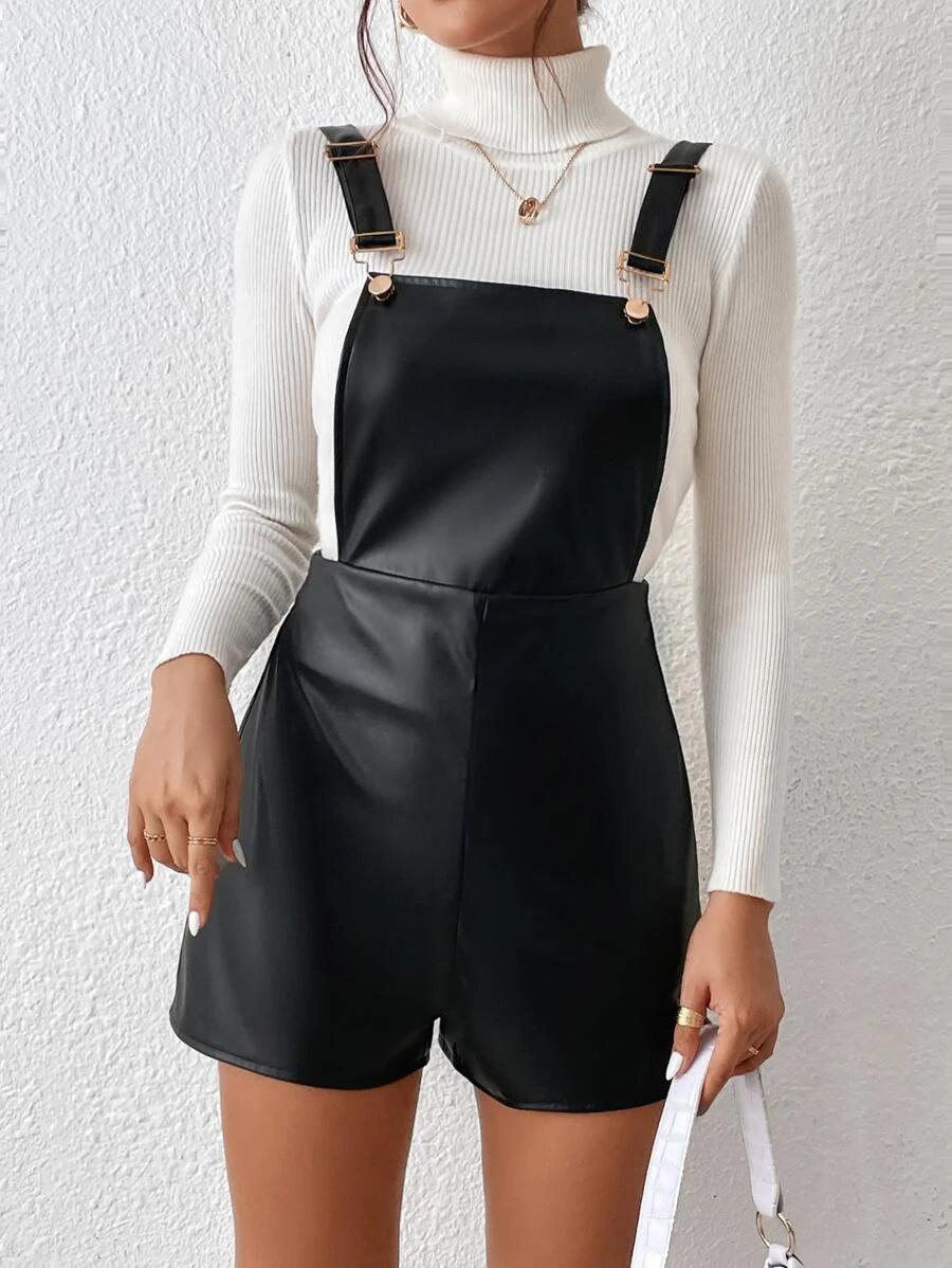 PU Leather Romper Without Sweater-Comfy Jumpsuits