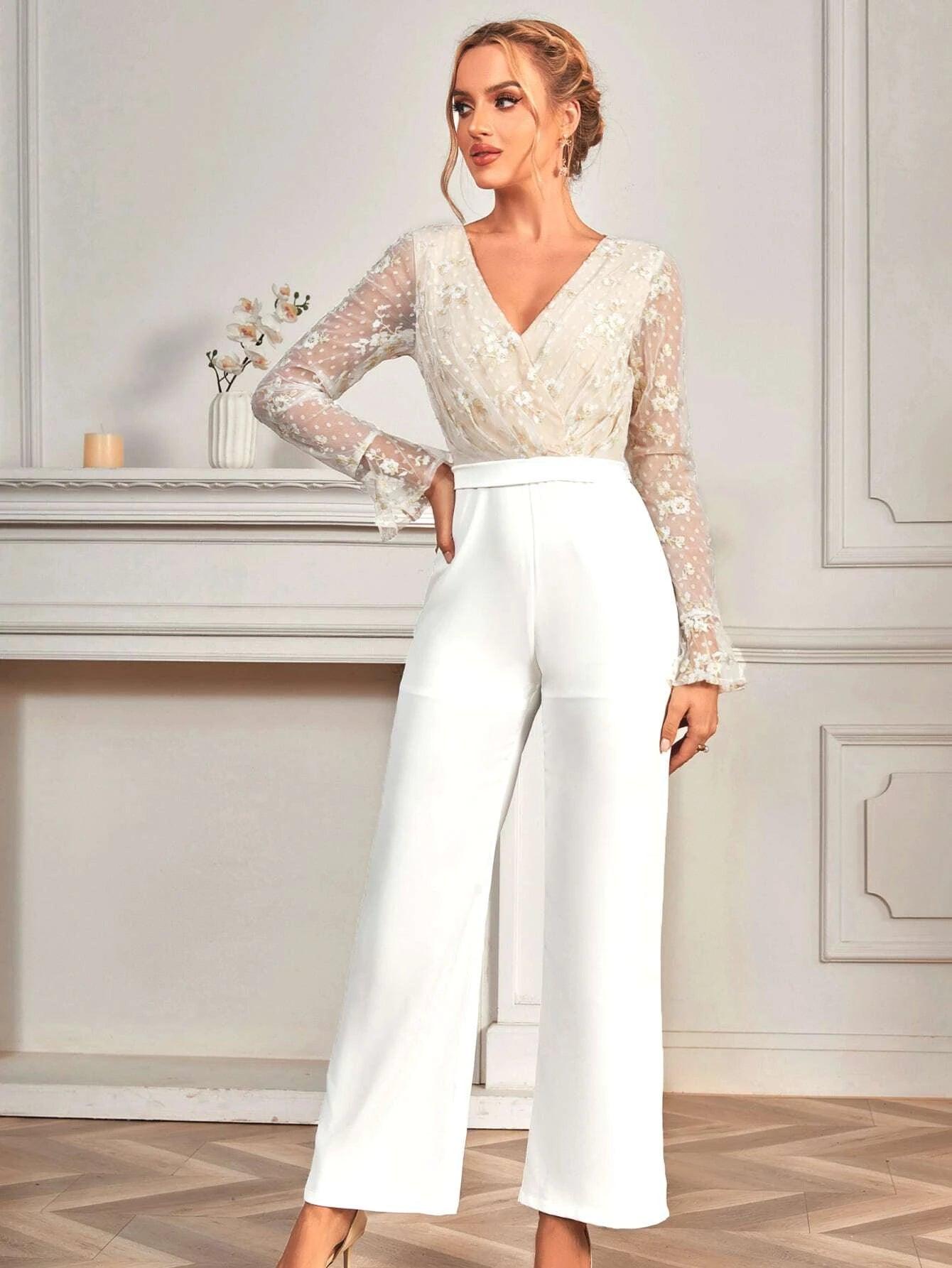 Surplice Neck Flounce Sleeve Wide Leg Jumpsuit-Comfy Jumpsuits