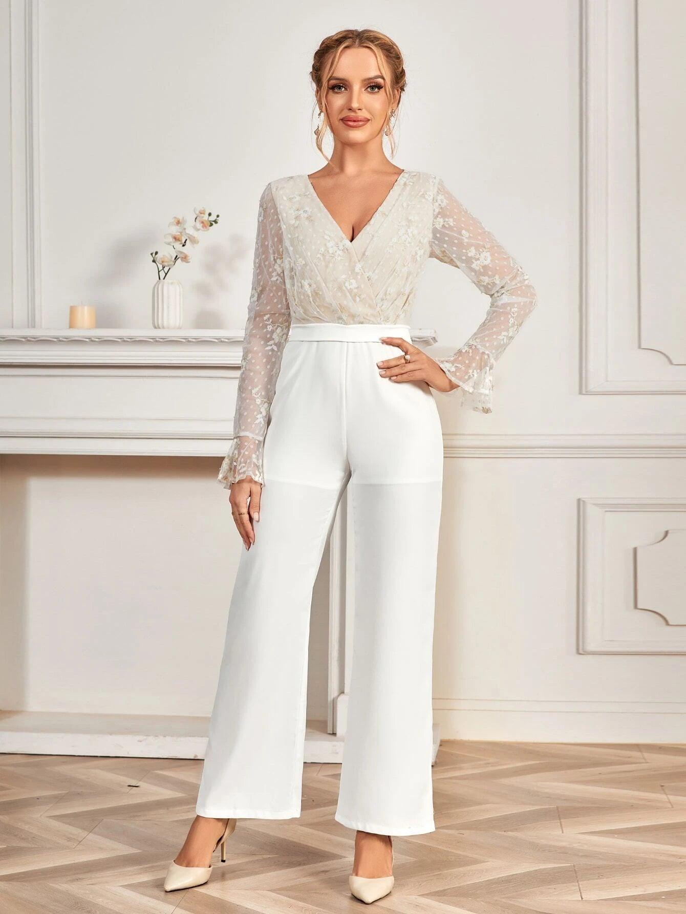 Surplice Neck Flounce Sleeve Wide Leg Jumpsuit-Comfy Jumpsuits
