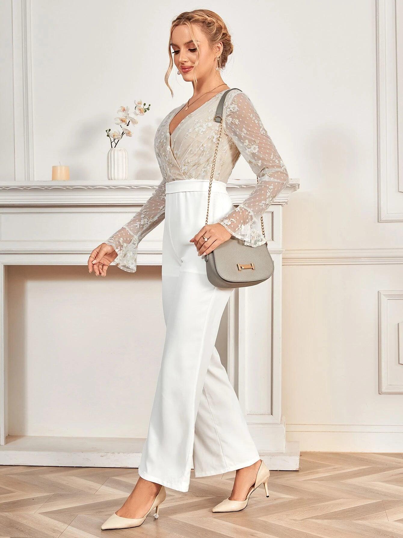 Surplice Neck Flounce Sleeve Wide Leg Jumpsuit-Comfy Jumpsuits