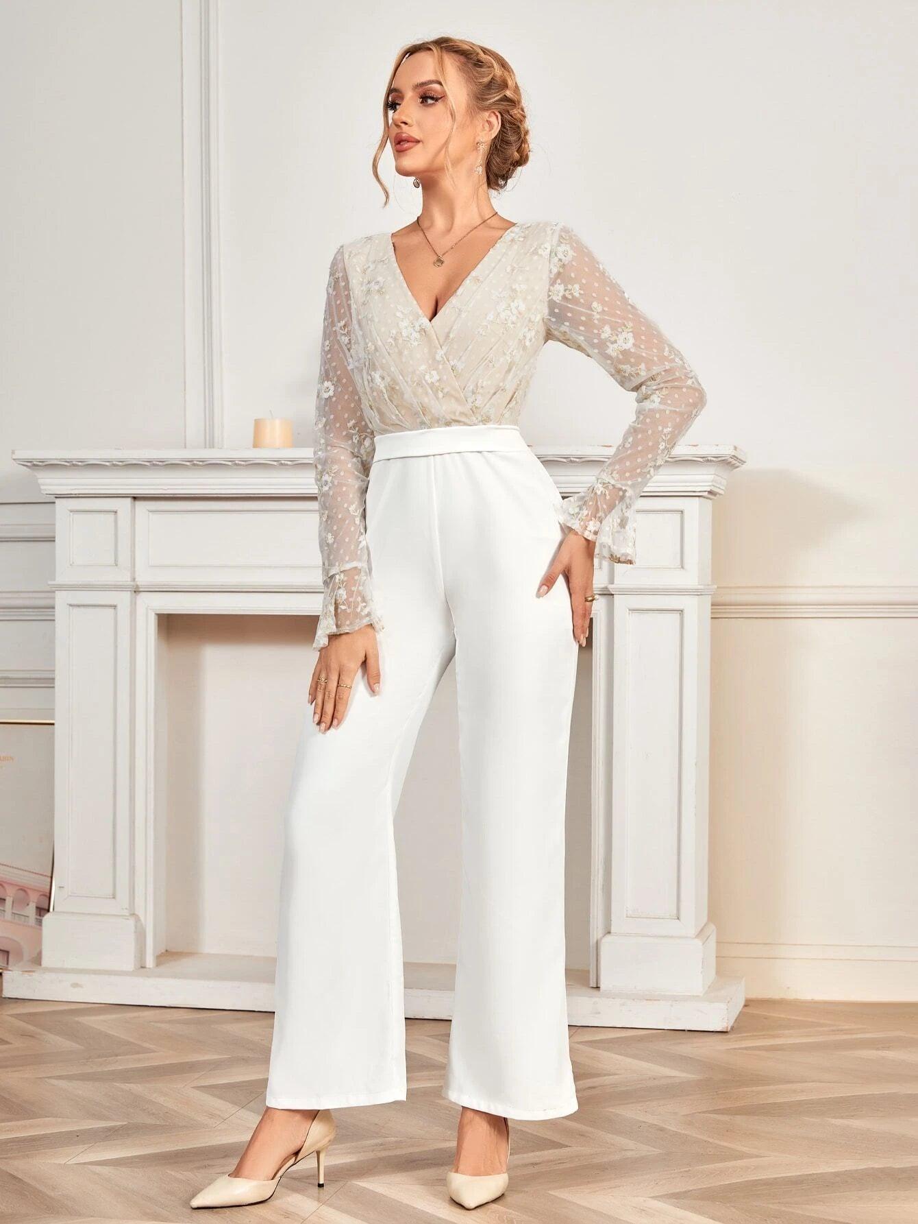 Surplice Neck Flounce Sleeve Wide Leg Jumpsuit-Comfy Jumpsuits