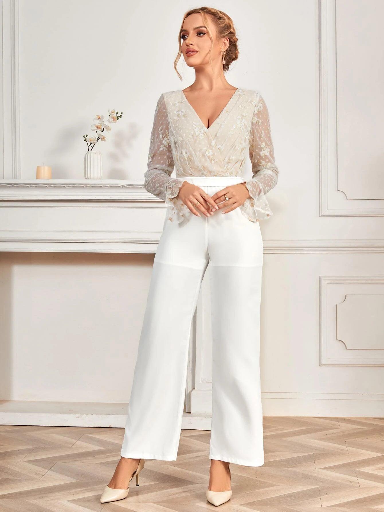 Surplice Neck Flounce Sleeve Wide Leg Jumpsuit-Comfy Jumpsuits