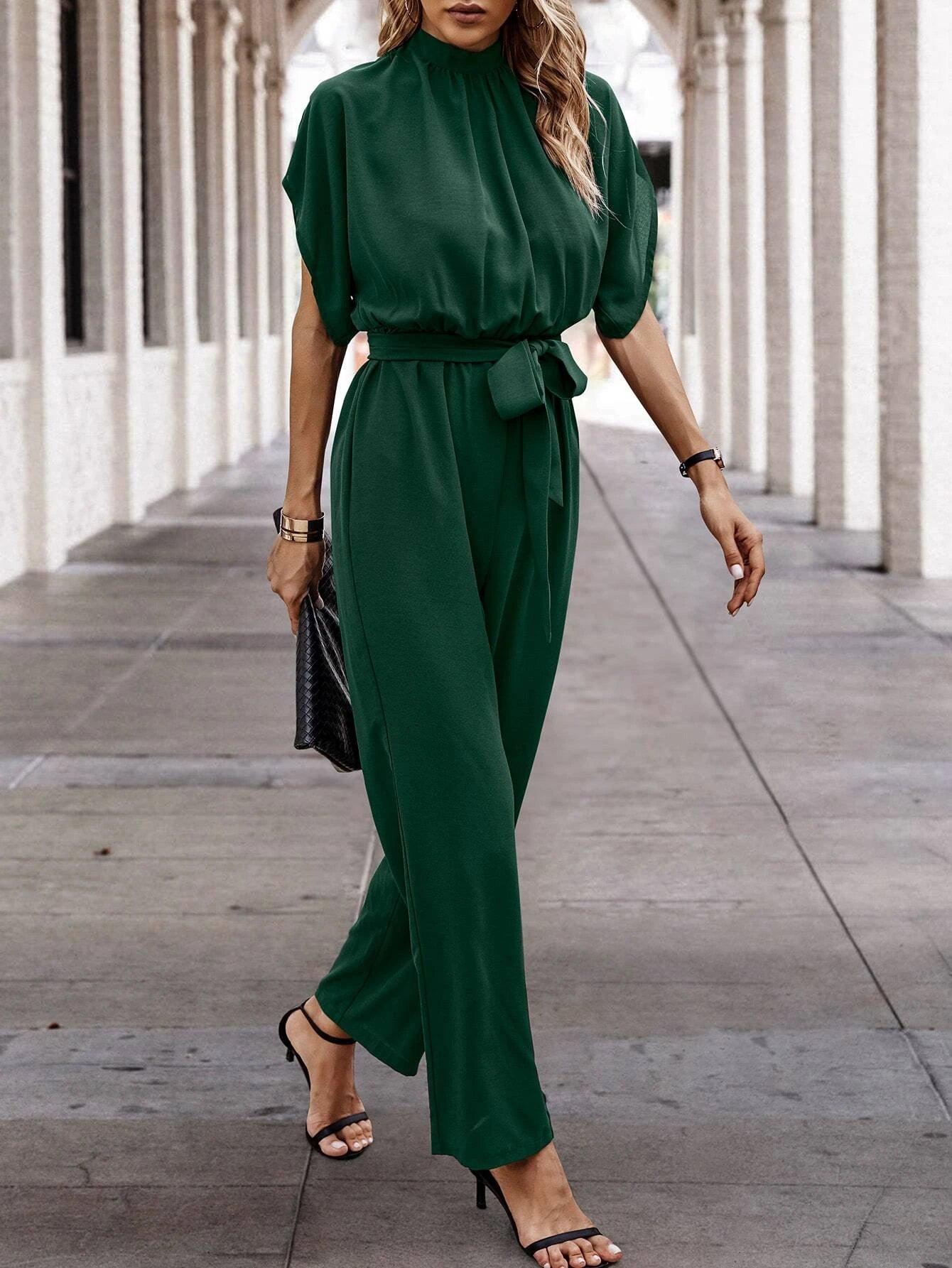 Neck Batwing Sleeve Belted Jumpsuit-Comfy Jumpsuits