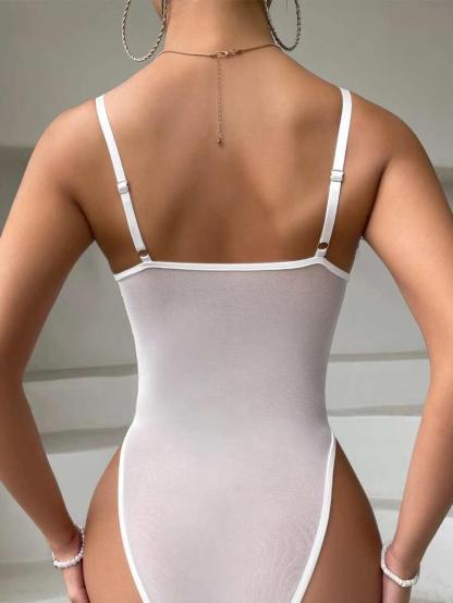 Contrast Mesh Cami Plain Bodysuit-Comfy Jumpsuits