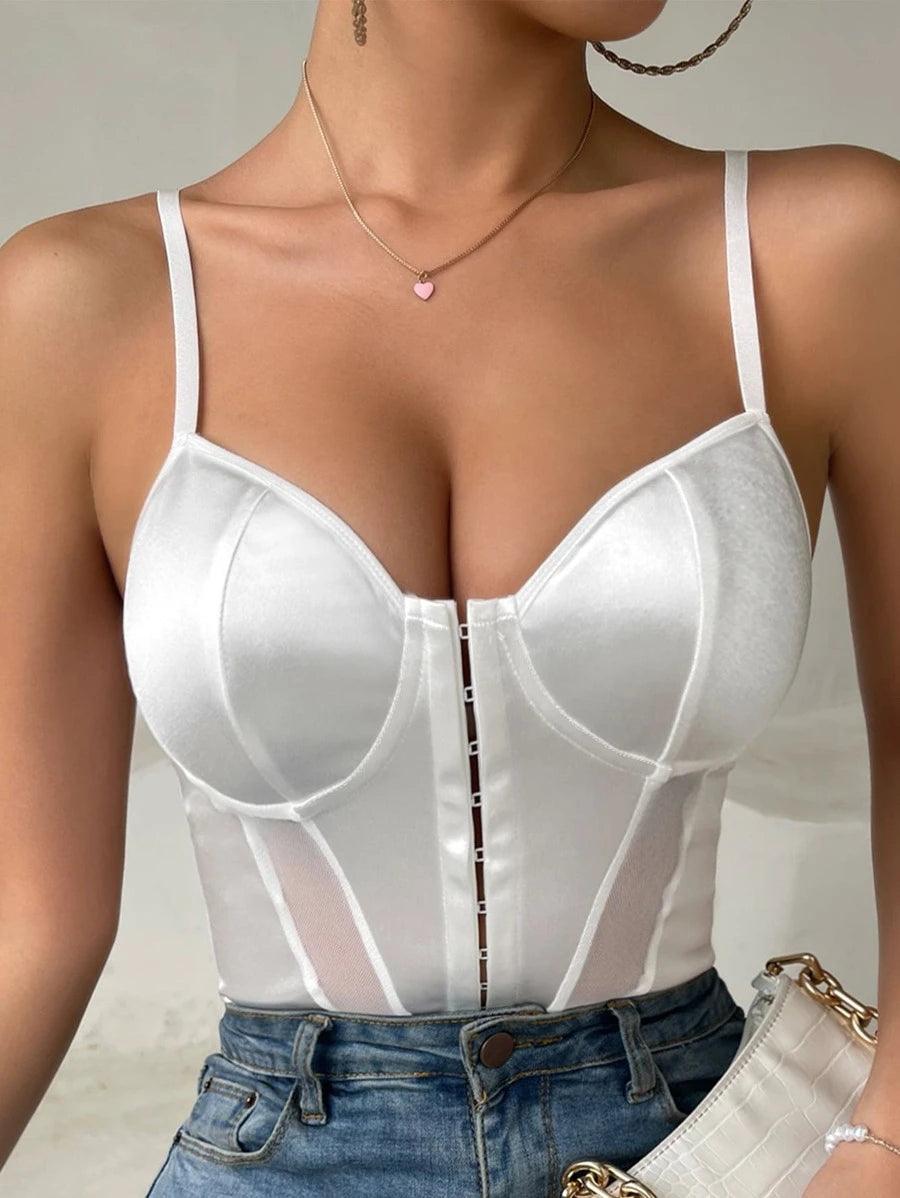 Contrast Mesh Cami Plain Bodysuit-Comfy Jumpsuits