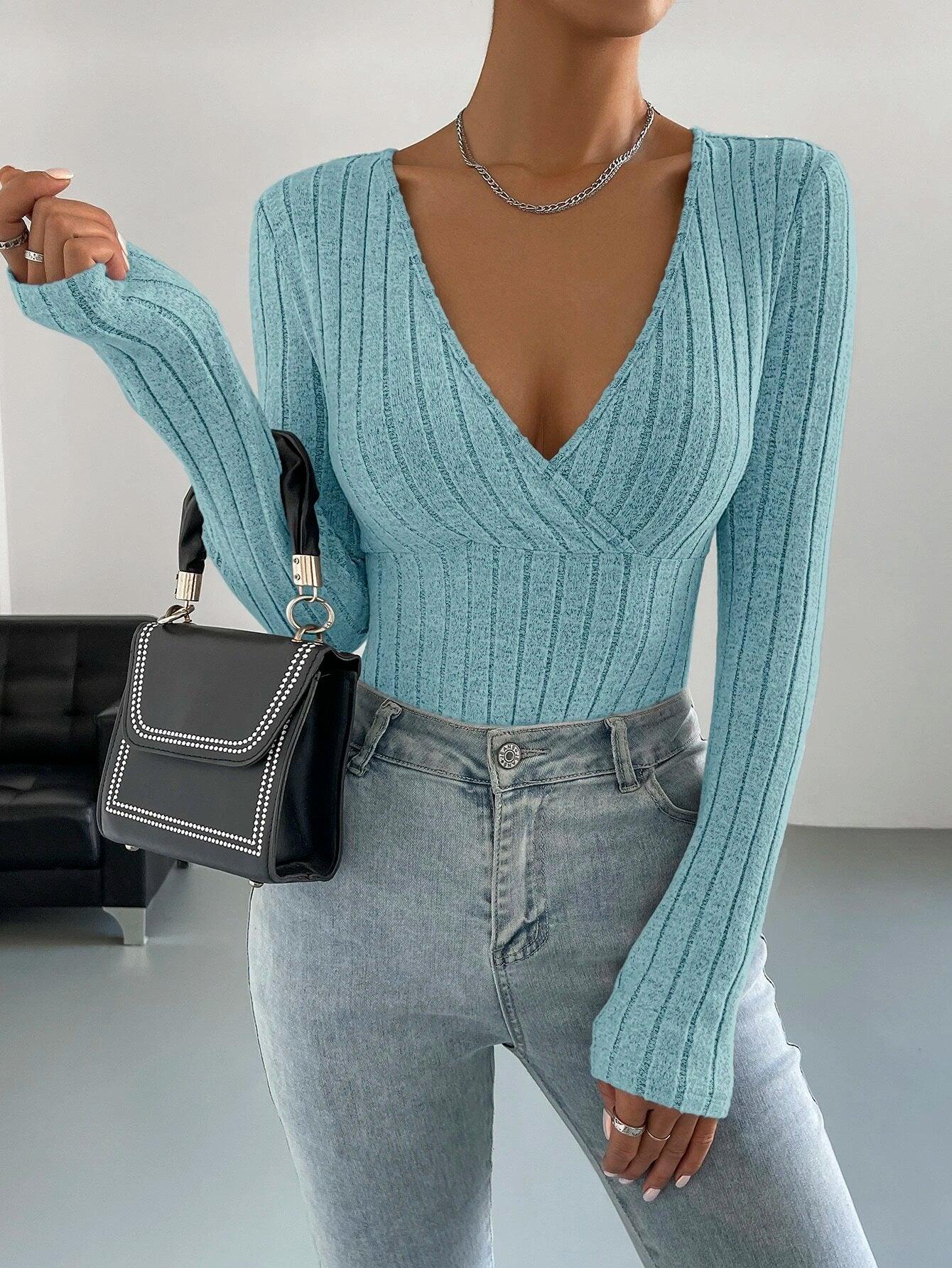 Surplice Neck Ribbed Knit Bodysuit-Comfy Jumpsuits