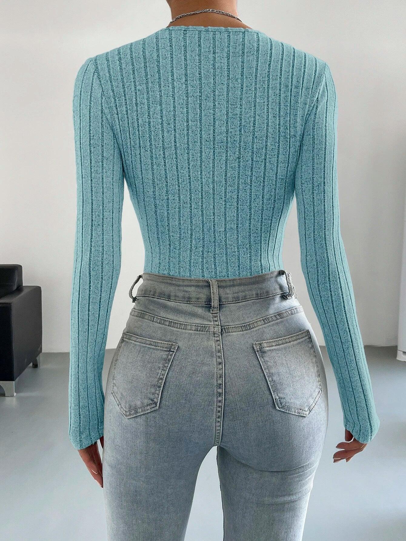 Surplice Neck Ribbed Knit Bodysuit-Comfy Jumpsuits