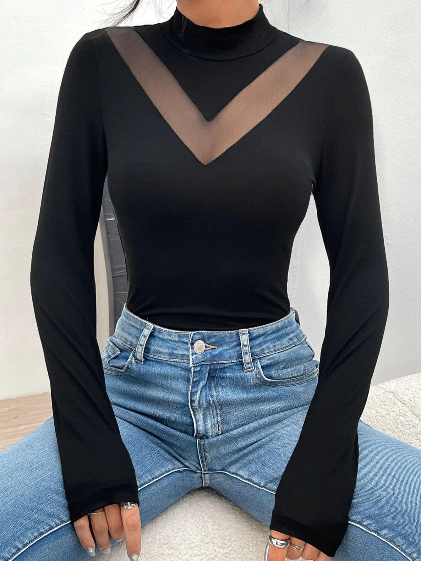 Contrast Mesh Long Sleeve Bodysuit-Comfy Jumpsuits
