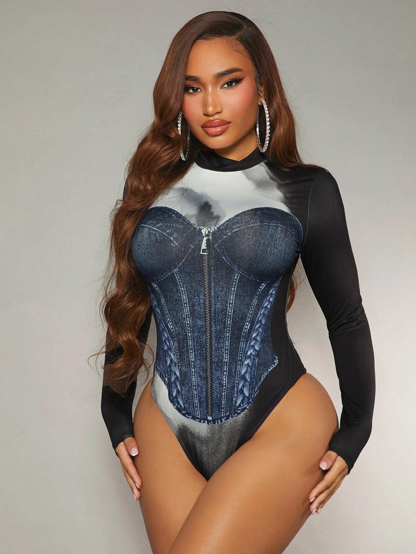 Graphic Print Mock Neck Bodysuit-Comfy Jumpsuits