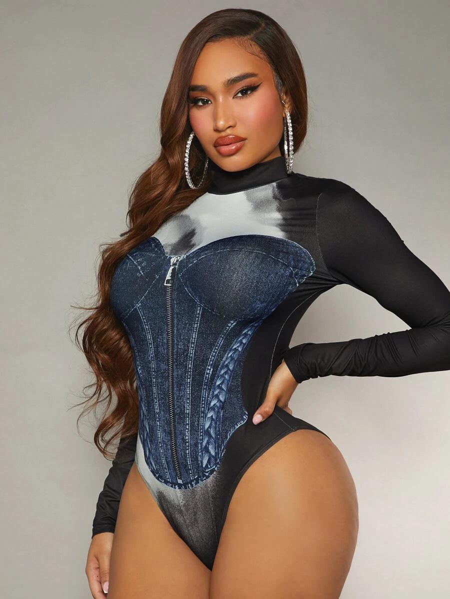 Graphic Print Mock Neck Bodysuit-Comfy Jumpsuits