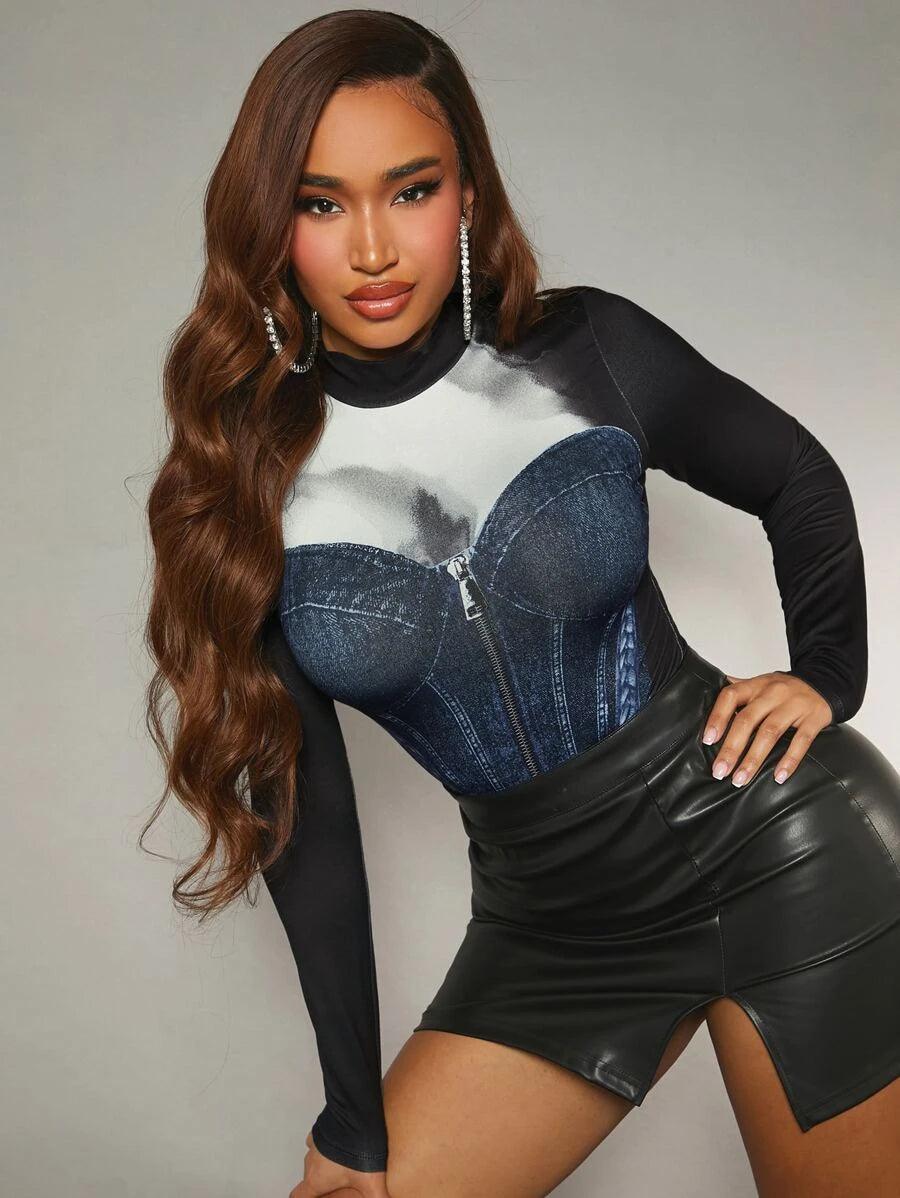 Graphic Print Mock Neck Bodysuit-Comfy Jumpsuits