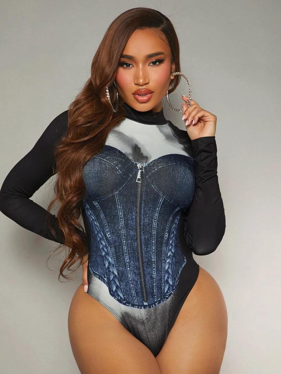 Graphic Print Mock Neck Bodysuit-Comfy Jumpsuits