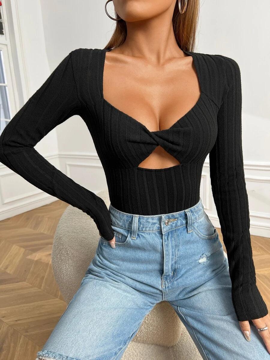 V Neck Twist Front Cut Out Bodysuit-Comfy Jumpsuits