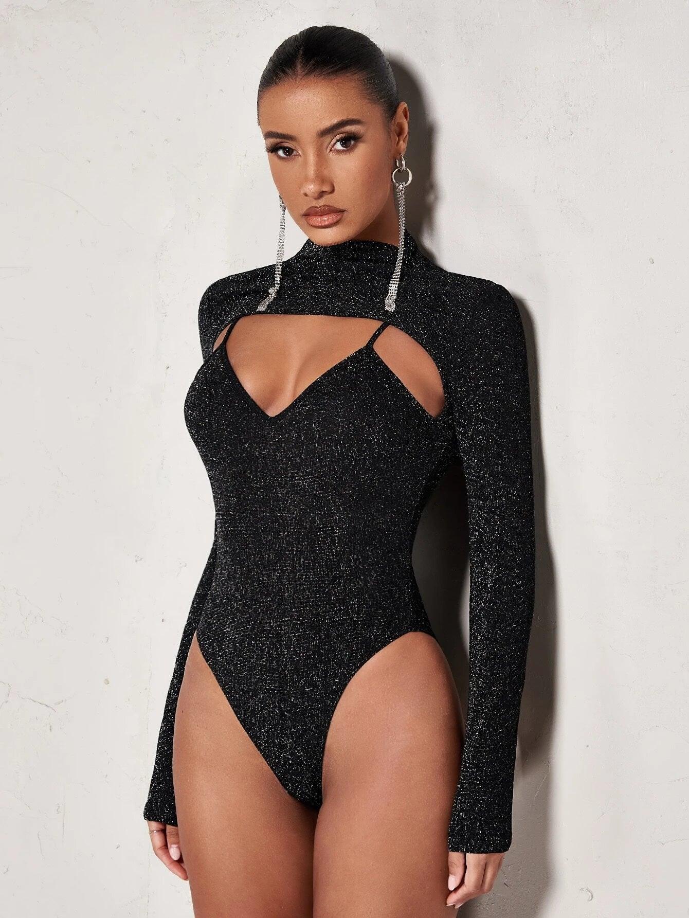 Long Sleeve Front Glitter Bodysuit-Comfy Jumpsuits