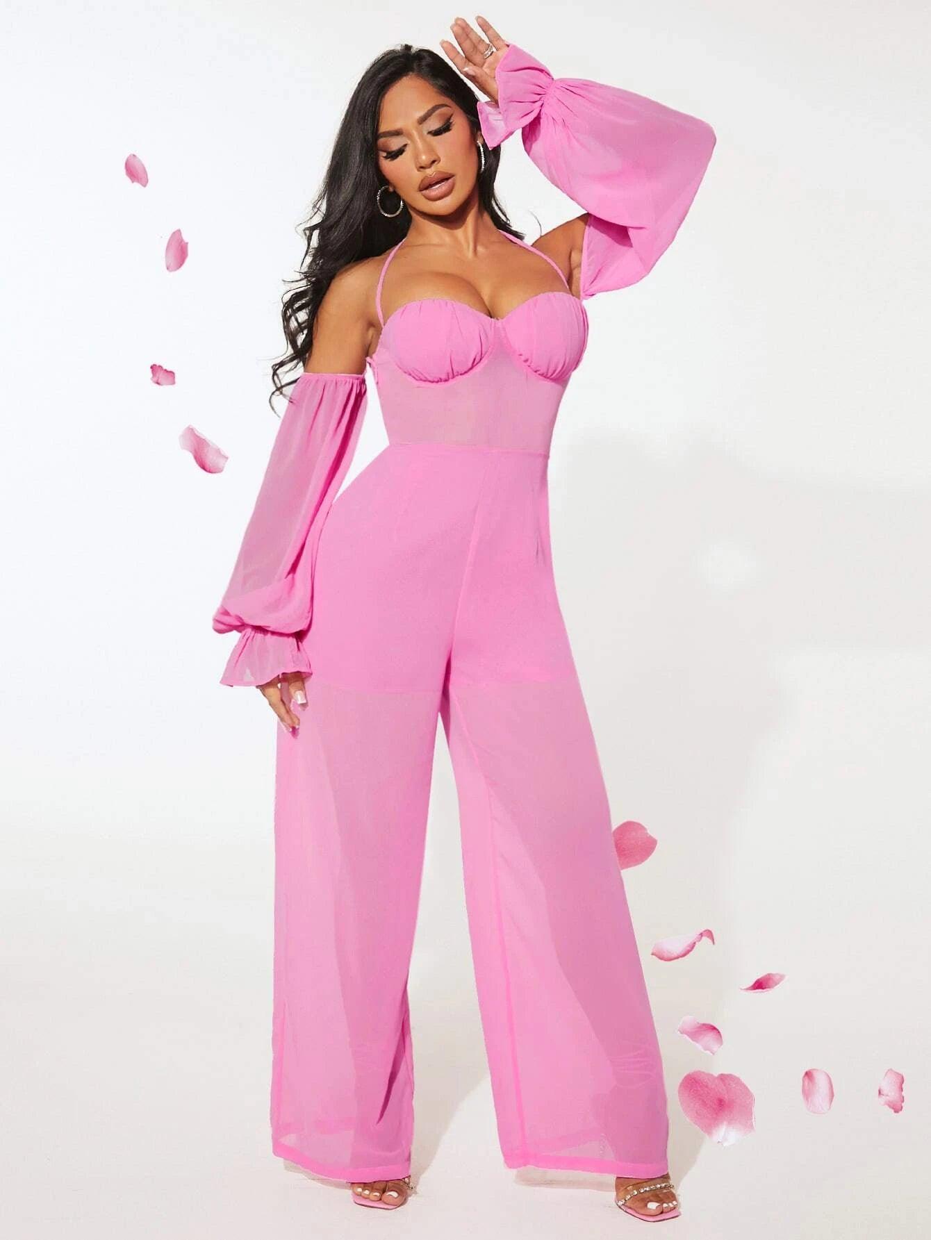 Neck Flounce Sleeve Jumpsuit-Comfy Jumpsuits