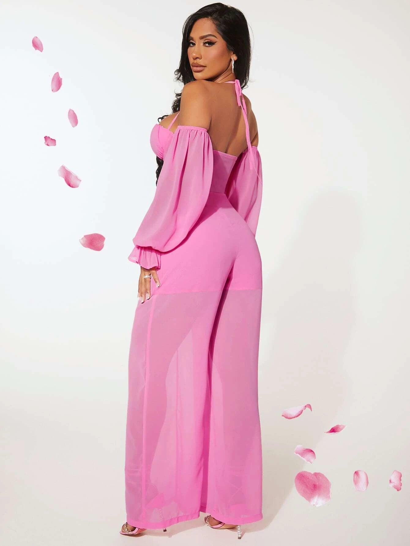 Neck Flounce Sleeve Jumpsuit-Comfy Jumpsuits