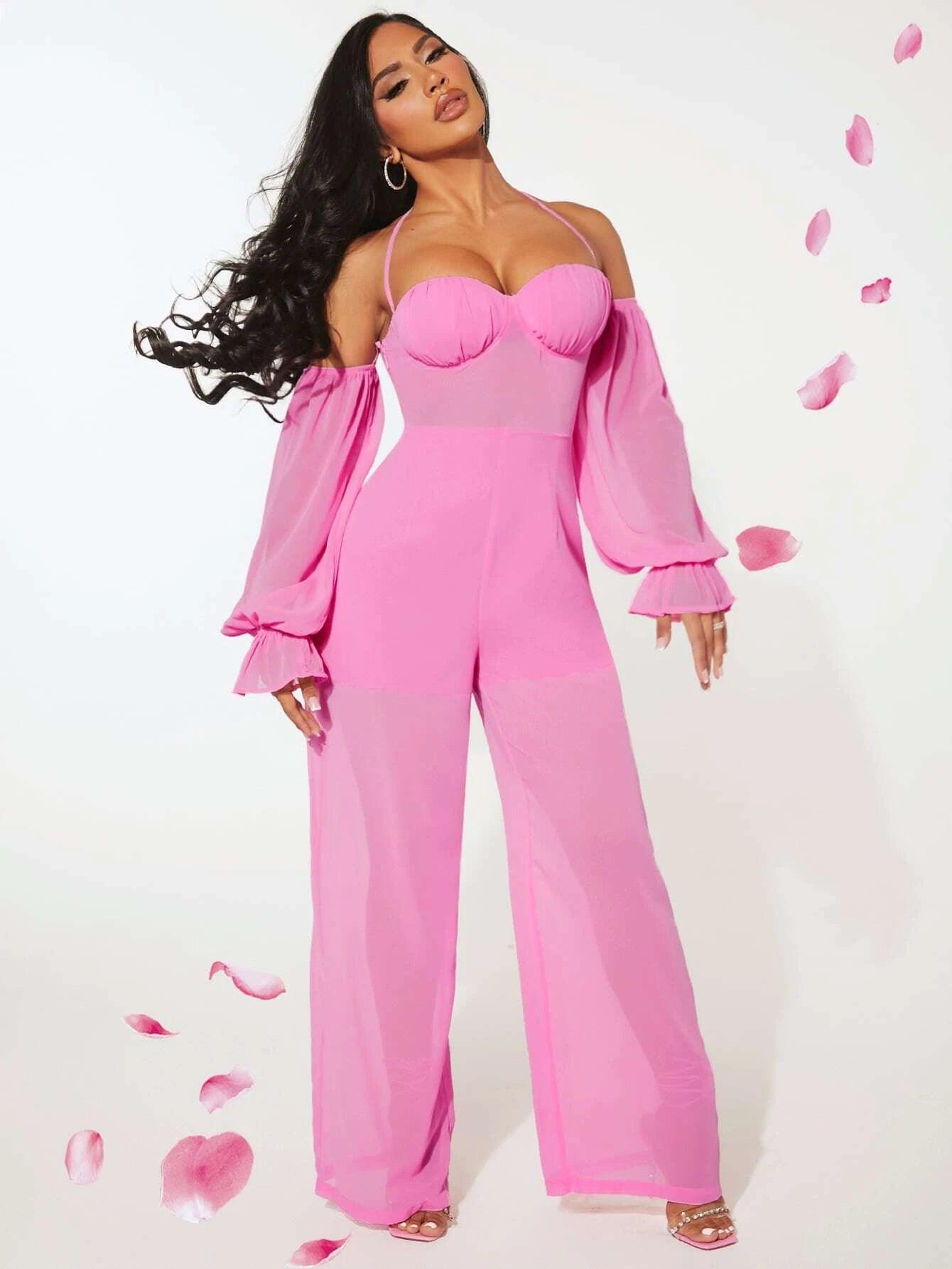 Neck Flounce Sleeve Jumpsuit-Comfy Jumpsuits