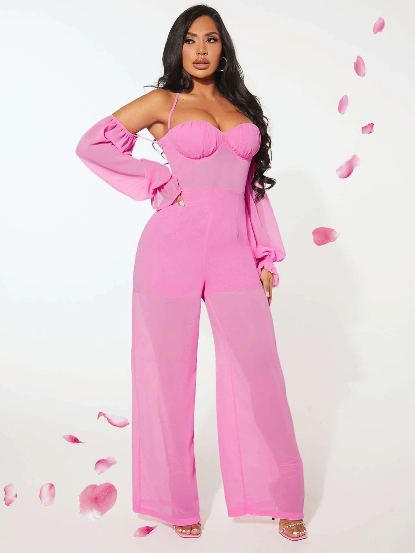 Neck Flounce Sleeve Jumpsuit-Comfy Jumpsuits