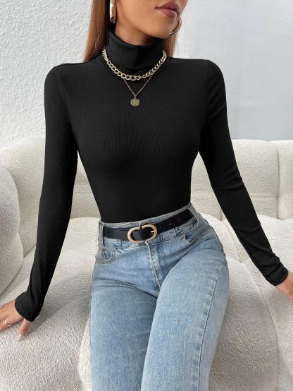 Solid Turtleneck Long Sleeve Bodysuit-Comfy Jumpsuits