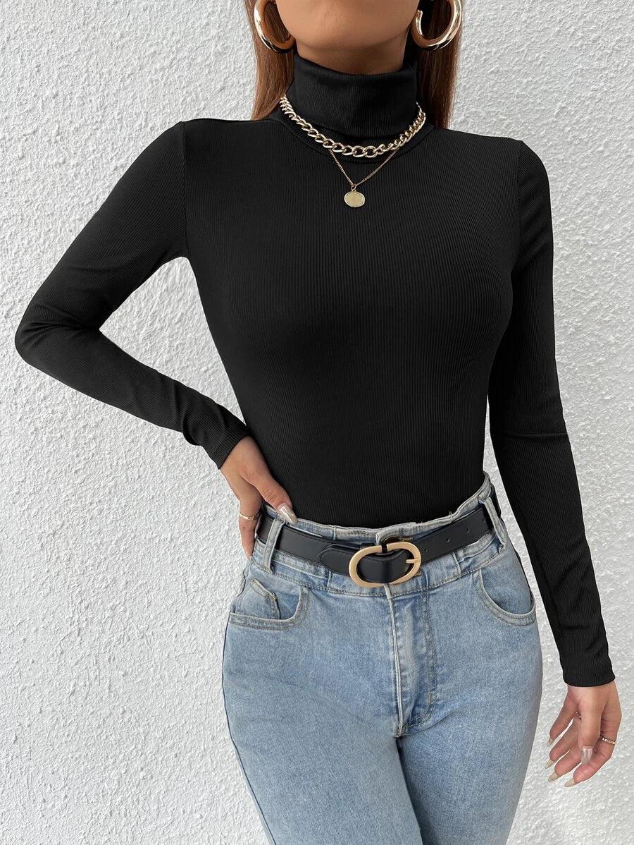 Solid Turtleneck Long Sleeve Bodysuit-Comfy Jumpsuits