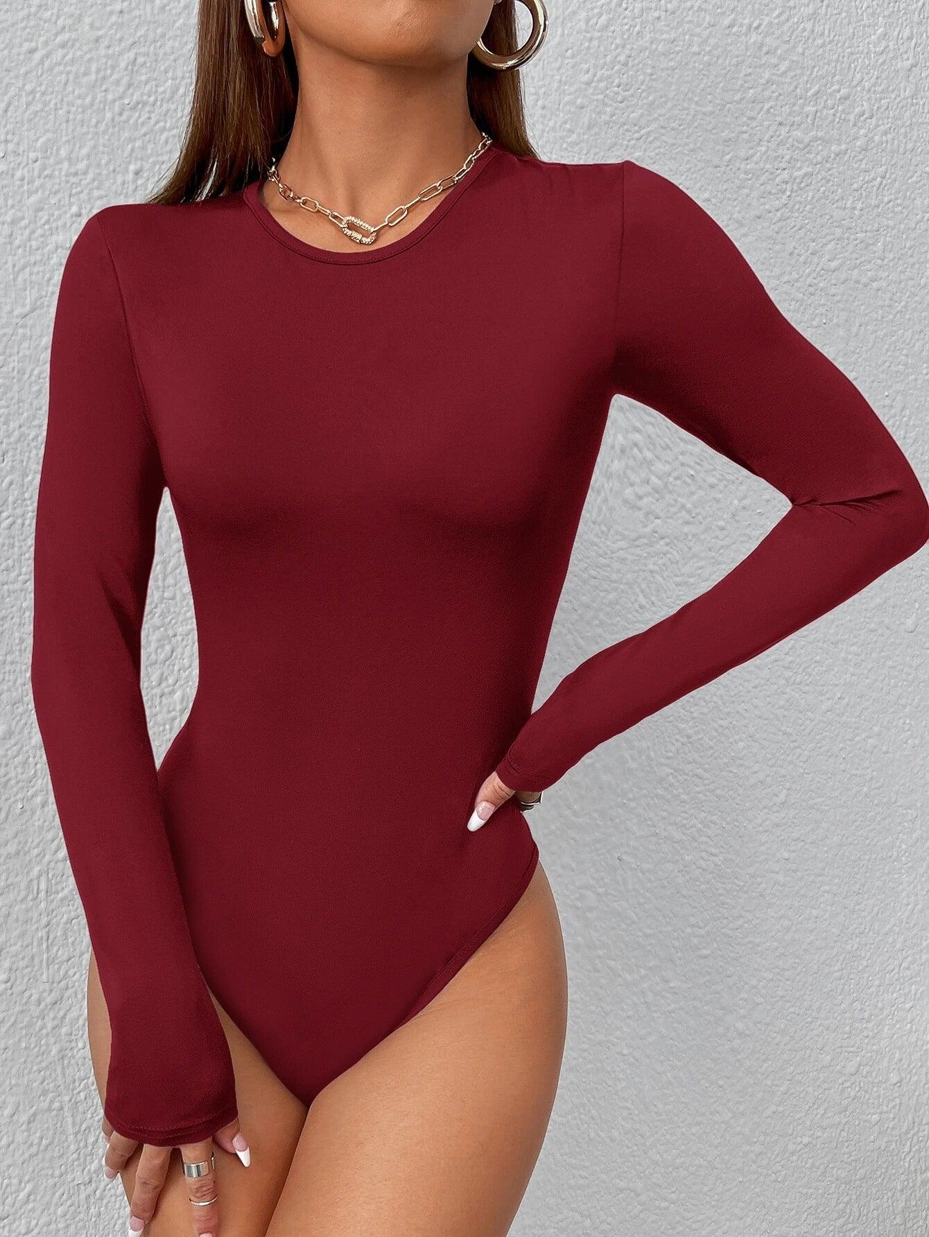 Round Neck Slim Fit Bodysuit-Comfy Jumpsuits